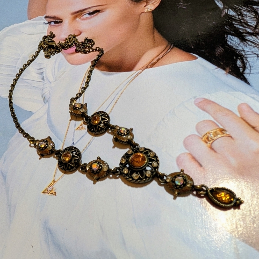 Vintage Victorian Revival Golden/AB Rhinestones Necklace - Picture 3 of 5
